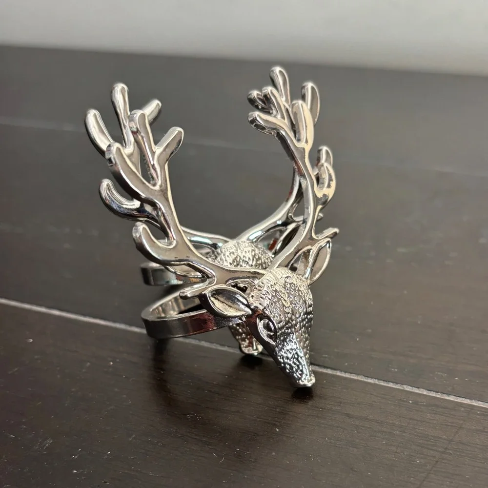 Silver Stag Head Napkin Rings | Set of 8 | Deer Antler Holiday Table Decor